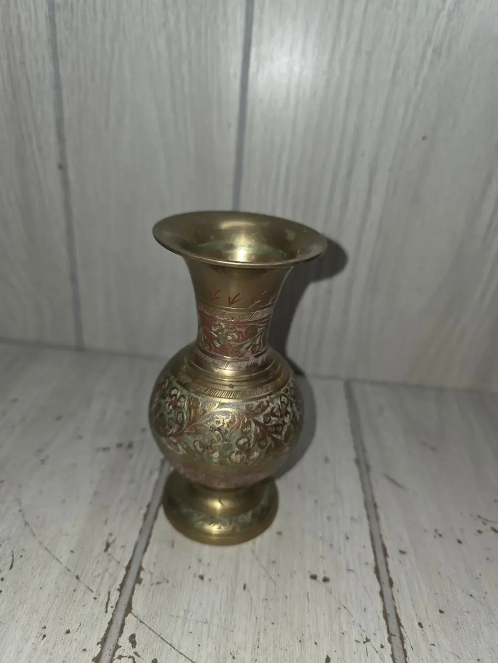 Vtg Antique Brass Vase Etched Handmade Painted Brass Vessel Natural Patina 5